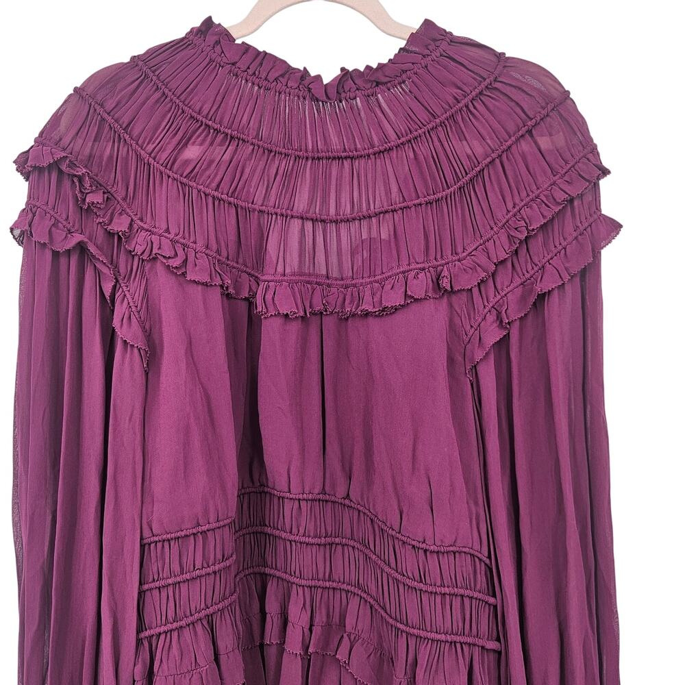 Farm Rio Chiffon Ruffled Blouse in Bordeaux Sz Large Eggplant Purple Peplum NEW - Picture 5 of 15